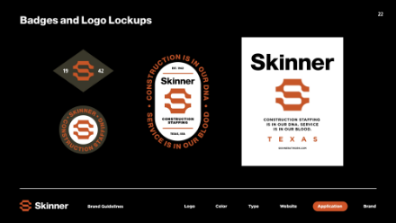 A slide labeled Badges and Logo Lockups displays four Skinner logos in orange, black, and white, featuring a stylized S and phrases about construction and service, alongside the word TEXAS.
