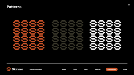 Three geometric patterns of interlocking hexagons are shown side by side: orange on the left, dark gray in the center, and white on the right, all on a black background. The word “Patterns” appears above.