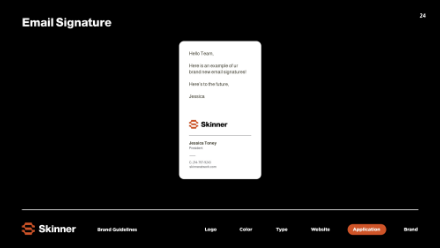 A sample email signature is centered on a black background. It features a logo, name, title, contact details, and a short message. The bottom menu highlights Application among other categories.