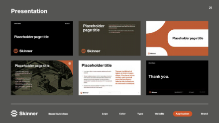Six sample presentation slides with varying backgrounds and layouts, featuring placeholder text for titles and content. The Skinner logo appears on each slide. The bottom bar includes navigation for guidelines and an Application button.