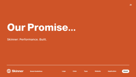 Slide with an orange background displaying the text Our Promise... Skinner: Performance. Built. The Skinner logo and navigation options appear at the bottom.
