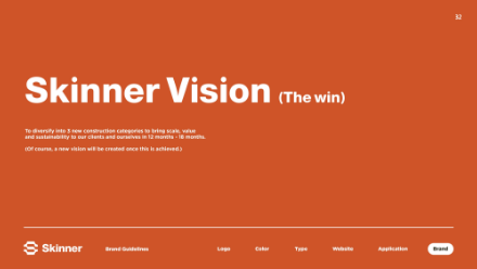 Orange slide with white text titled “Skinner Vision (The win)”; below, text discusses diversifying into 3 new construction categories within 18 months. Menu at bottom highlights “Brand.”.