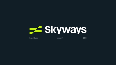 The Skyways logo with green stylized lines and white text appears centered on a dark background, along with the words Brand Guide, Version 1, and 2024 below the logo.