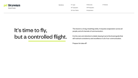 A webpage with the Skyways logo and Its time to fly, but a controlled flight. Large black and green text is on the left, with a description about brand tone and communication on the right in smaller font.