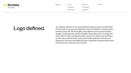 A digital document titled Logo defined shows the Skyways logo at the top left, followed by a detailed description of the logo’s design elements and their meanings, with a clean, minimal layout.