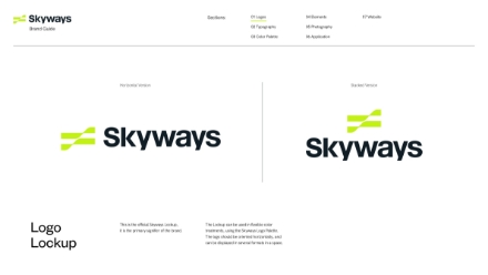 Screenshot of the Skyways brand guide showing two logo variations: the primary version with a green graphic and “Skyways” in bold black text, and the stacked version with the graphic above the wordmark.
