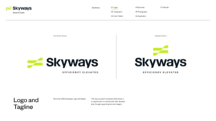Skyways brand guidelines showing two versions of the logo with green and black text, featuring the tagline “Efficiency Elevated” beneath the wordmark and a green abstract symbol above the text.