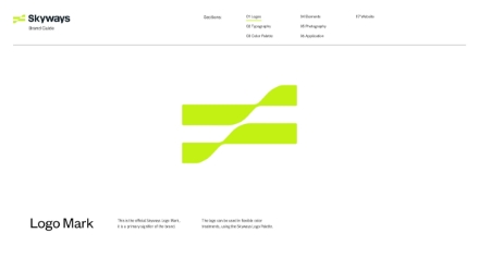 A webpage displays the Skyways brand guide, showing a bright green abstract logo made of two parallel, wavy lines. The title Logo Mark appears below, with text describing the logo’s official usage.