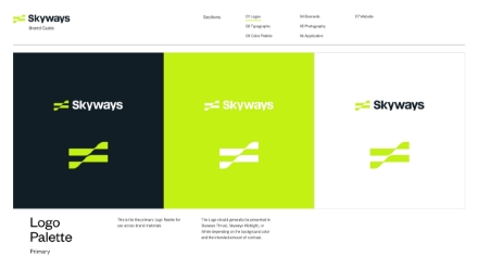 A branding guide page for Skyways displays three logo variations: white on dark blue, white on bright green, and dark gray on white. The logos feature the Skyways name and a stylized line graphic.