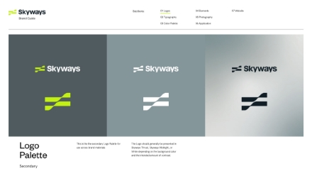 Three versions of the Skyways logo are shown in green, white, and black on different backgrounds. The logo features a stylized S with two angled lines. The text Skyways appears above each logo.
