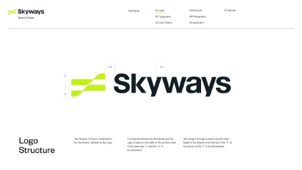 A logo structure guide for Skyways, featuring a green abstract symbol to the left of the bold black word Skyways, with alignment lines and spacing measurements shown. Text and guidelines appear below the logo.
