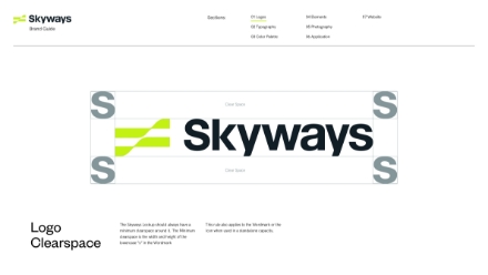 A diagram shows the Skyways logo with horizontal and vertical spacing guides, labeled Logo Clearspace, illustrating the minimum clear area required around the logo using the S from the wordmark as a measurement unit.