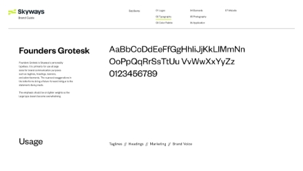 A style guide page for Skyways displays the Founders Grotesk font with uppercase and lowercase letters, numbers, and sample usage for taglines, headings, and brand voice on a white background.