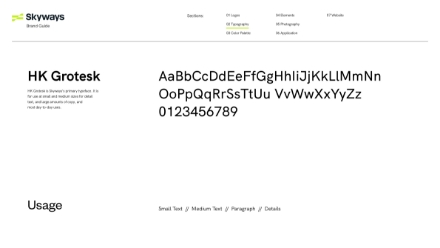 Screenshot of a brand guide page for Skyways, displaying the HK Grotesk font with uppercase, lowercase, numbers, and info on its usage for text and paragraphs. The navigation menu appears at the top.