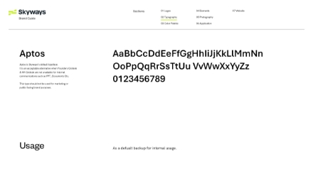 A brand guidelines page for Skyways, displaying the Aptos typeface in uppercase, lowercase, and numbers, with a section titled Usage indicating it is the default typeface for internal usage.