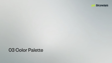 A minimal slide with a light gray gradient background, “03 Color Palette” in black text at the bottom left, and the green Skyways logo with its name in the top right corner.