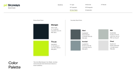A brand color palette for Skyways shows primary colors Midnight (dark blue) and Thrust (bright green), and secondary colors Steel, Ironclad (grays), Mist (light gray), and Cloud (off-white), each with color codes.