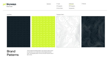 A digital guide displays Skyways brand patterns: a dark geometric logo pattern, a bright green angular pattern, a white pattern with thin contour lines, and a dark pattern with thicker contour lines.