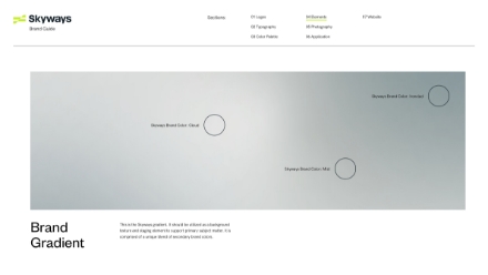 A light gray gradient background labeled Brand Gradient with three circles marking different brand color stops: Cloud, Mist, and Vessel. The Skyways logo appears in the top left corner.