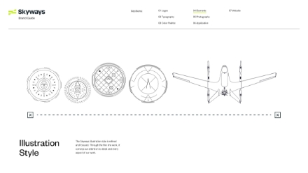 Line drawings of five circular objects and one aircraft are displayed in a row on a white background, under the title Illustration Style for the Skyways brand guidelines.