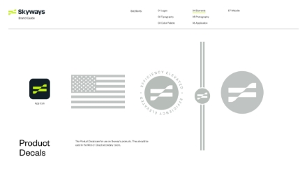 A webpage displays Skyways brand guide for product decals, showing a Skyways app icon, a stylized U.S. flag, a circular Efficiency Elevated logo, and various versions of the product decal graphic.