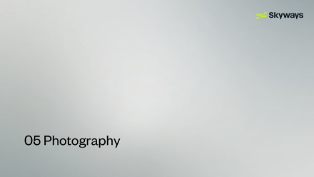 A minimal slide with a gray gradient background, the text 05 Photography in black at the bottom left, and the Skyways logo with text in the top right corner.