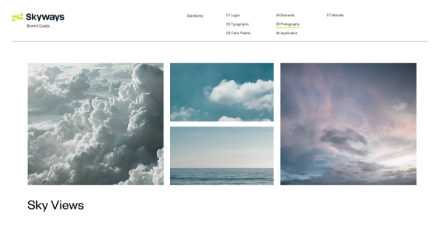 A website page titled Sky Views displays three photos: dramatic clouds, a calm ocean meeting the sky, and a pastel-colored sky at dusk. The navigation menu appears at the top.
