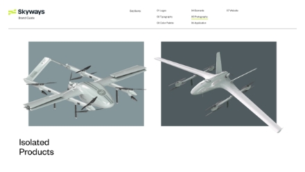 Two gray unmanned aerial vehicles (drones) are shown side by side on a website; the left drone has vertical lift rotors, and the right drone has a sleek, fixed-wing design. The page header reads Skyways and Isolated Products.