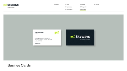 Screenshot of a website showing two Skyways business card designs: one white with contact details and logo, and one dark with the Skyways logo and tagline. “Business Cards” is partially visible at the bottom.