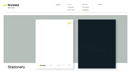 A website page titled “Skyways Brand Guide” displays a stationery mockup with a white letterhead featuring a green logo and a dark textured sheet, under the section “Stationery.”.