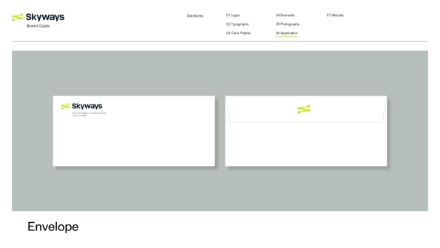 Two white envelopes with the Skyways logo and branding are displayed side by side on a gray background; one shows the front with the logo and text, and the other shows the back with just the logo on the flap.