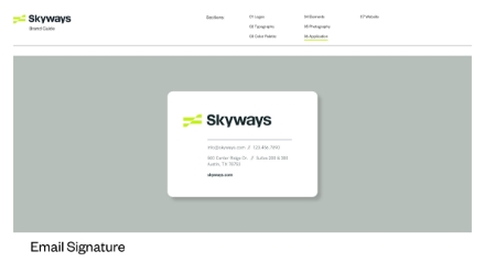 A digital email signature example for Skyways is displayed, showing the company logo, name, contact information, address in Austin, TX, website, and a navigation menu at the top of the page.