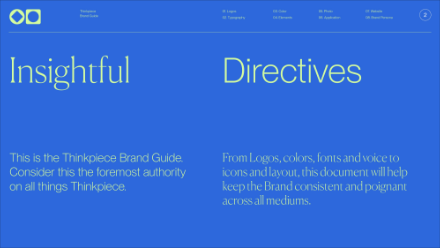 A blue screen displays Insightful and Directive in large text, with descriptions beneath about the Thinkpiece Brand Guide, emphasizing brand consistency in logos, colors, fonts, and more.