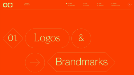 A bright orange webpage displays the text 01. Logos & Brandmarks in large, outlined geometric shapes with thin, yellow lines and minimalist icons at the top.
