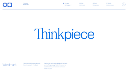 A blue wordmark logo reading Thinkpiece in a clean, serif font is centered on a white background. Minimal text and icons are along the top and bottom edges of the image.