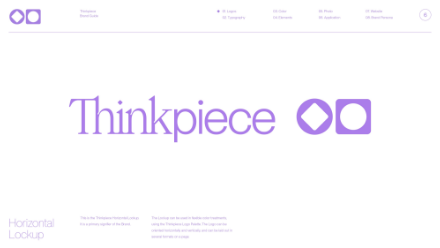 A minimalist webpage with the word “Thinkpiece” in large purple text centered, followed by two geometric icons. The background is white, with small navigation links and text in light purple.