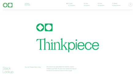 A minimalist design with a green geometric logo above the word Thinkpiece in a serif font, centered on a white background. Text in the corners and bottom left reads “Stack Lockup” and other navigation links.