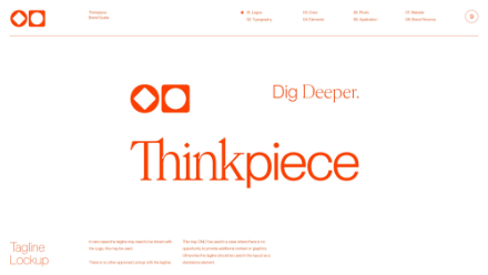 Screenshot of a brand guide page in orange and white. Centered, bold text reads Thinkpiece with the phrases Dig Deeper. and Tagline Lookup nearby, and geometric logo icons displayed above the text.