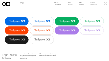 Eight Thinkpiece logo designs in rounded rectangles are shown in blue, green, orange, red, purple, black, and white color variations. Each logo includes the word “Thinkpiece” and a chain link icon.