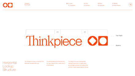 Diagram showing the horizontal lockup structure for the Thinkpiece logo, with labeled spacing guides, logo symbols, and annotations in orange, set on a white background.