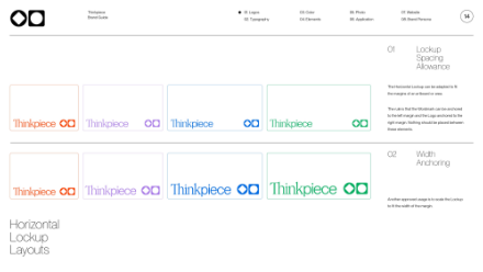 A brand guide page displays six horizontal logo variations labeled Thinkpiece in different colors, each with spacing and anchoring guides. The page also includes notes on lockup spacing and width anchoring.