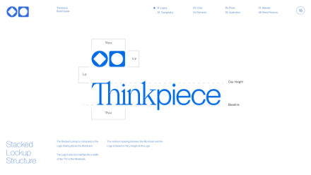 A diagram displays the stacked lockup structure for the Thinkpiece logo, showing icon and text alignment, spacing guides, and position labels such as cap height and baseline on a white background.