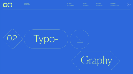 A bright blue webpage with minimalist navigation at the top, displaying 02. Typo- in a rounded box and Graphy in an angular box, both in light yellow text, along with a thin arrow icon between them.