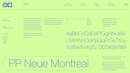 A digital style guide page features the typeface PP Neue Montreal with sample text in various weights and sizes, an alphabet and numbers display, and a description on a pale green background.