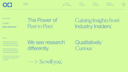 A website section with pastel green background and blue text displaying phrases: “The Power of Peer to Peer,” “Gaining Insights from Industry Insiders,” “We see research differently,” and “Qualitatively Curious.”.