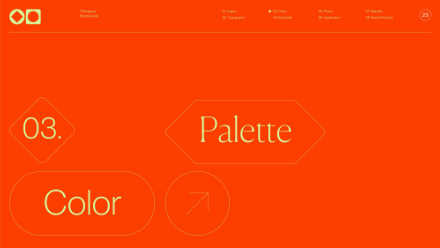 A bright orange webpage features the words 03. Palette and Color in large, thin yellow text, with geometric outlines and small navigation links at the top of the page.