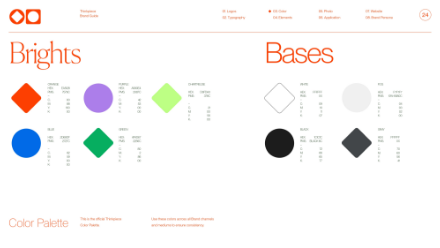 A color palette chart showing bright and base color swatches with their names and values in CMYK, RGB, HEX, and Pantone codes. Brights include orange, green, blue, and purple; bases include white, light gray, black, and dark gray.