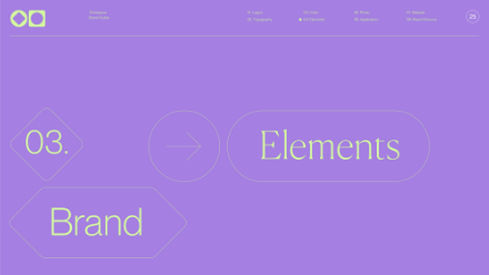 Purple background with large outlined shapes containing the words 03. Brand and Elements in light yellow text, connected by a right-pointing arrow. Minimal icons and menu at the top.
