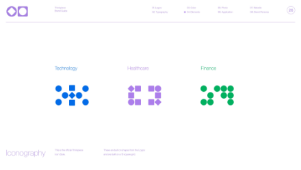 A minimalist graphic shows three icon designs labeled Technology (blue), Healthcare (purple), and Finance (green), each made of simple shapes. The word Iconography appears in the lower left corner.