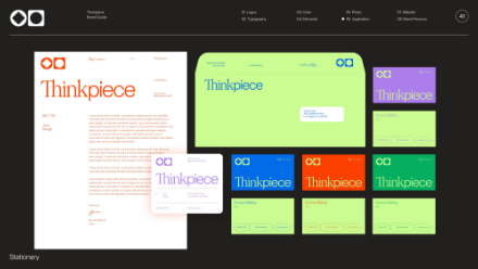 A collection of Thinkpiece stationery items, including a letterhead, envelopes, business cards, and notecards in vibrant colors like orange, green, blue, and purple, each featuring the Thinkpiece logo and branding.